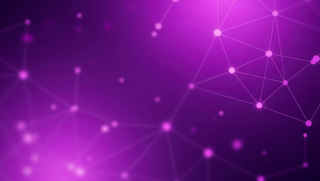 Abstract network with connected dots on a purple gradient background, futuristic digital connections glowing softly to illustrate modern communication technology. - Powered by Adobe