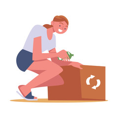 Woman Character Collecting Garbage on Beach in Carton Box Vector Illustration