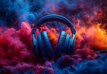 Immersive Over-Ear Headphones Surrounded by Vibrant Cosmic Dust and Nebulae