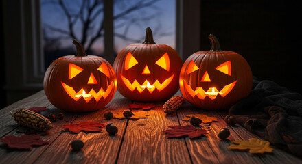 Three carved halloween pumpkins glowing on a wooden table at night