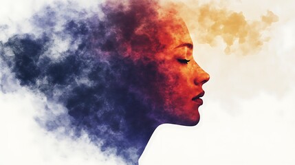 Artistic Profile of Woman Fading into Colorful Clouds Conceptual Beauty and Metamorphosis