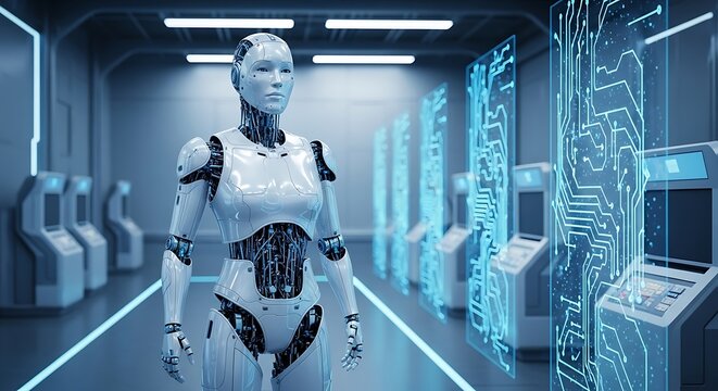 Futuristic Robot in Modern Bank Corridor.