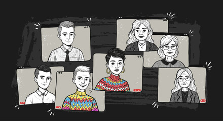 Hand-drawn illustration of a virtual team meeting on a video call