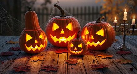 Four glowing jackolanterns on a wooden table with autumn leaves and candles