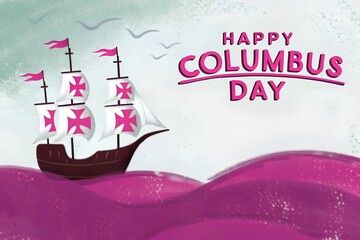 Columbus Day Celebration with Ship and Decorative Waves