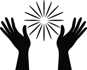  pair of hands reach up towards a burst of light in a silhouette vector illustration for world humanitarian day
