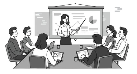 Professional Business Team Collaborating in a Conference Room with a Presenter Displaying Data on a Projector Screen