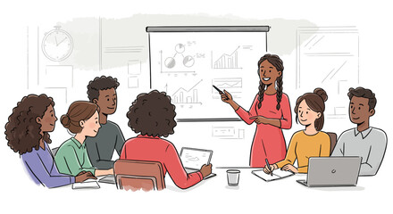 Diverse Professional Business Team Collaborating and Presenting Data in a Productive Meeting