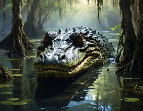 Large alligator in a swampy forest scene