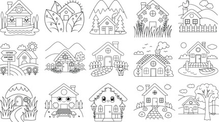 Fototapeta premium Charming Cartoon Houses and Cottages in Natural Settings Coloring Pages Keywords: house, cottage, home, building, coloring pages, outline, illustration, cartoon, cute, charming, nature, landscape