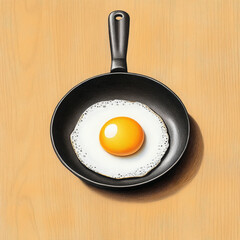 Hand drawn frying pan with egg, black handle, wooden background, simple and cheerful