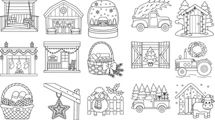 Fototapeta premium Whimsical Christmas Farm and Rural Scene Line Art Illustrations for Coloring Keywords: christmas, farm, rural, barn, tractor, truck, tree, snowman, sheep, holly, fence, wreath, fireplace