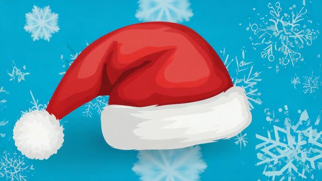 Classic Red Santa Hat on Blue Background with Snowflakes Christmas Winter Celebration, Holiday Icon, and Festive Cartoon Illustration