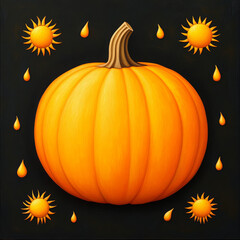 Pumpkin surrounded by suns and raindrops on black background, autumn harvest festive mood