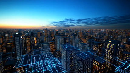 Digital city skyline illuminated glowing data futuristic night technology blue modern