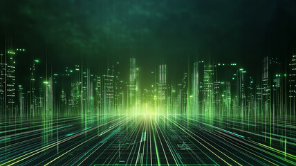 Futuristic city skyline glowing with green digital lights, technology, cyberpunk, night, abstract