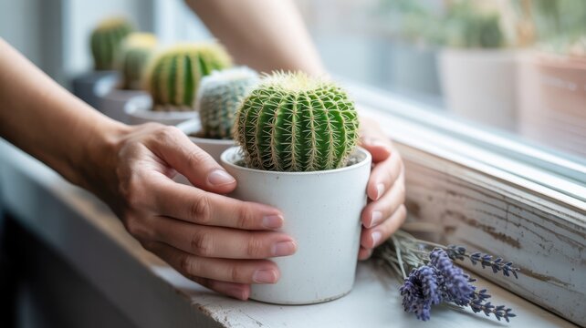 Closeup of hands holding a potted golden barrel cactus on a windowsill, with lavender and other cacti in the background