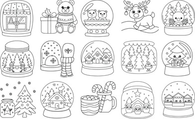 Christmas Themed Line Art Icons Featuring Snow Globes Bears Reindeer And Winter Accessories vector call