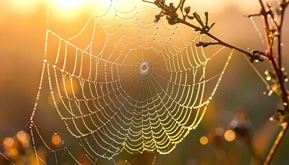 Spiderweb Covered in Dewdrops Shines Against Golden Sunset Light in a Field of Grass and Twigs, Warm Color Palette, Close Up Shot