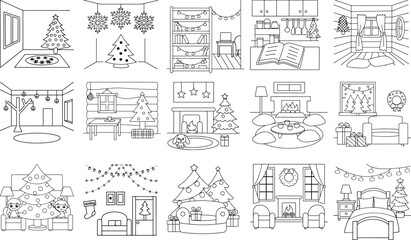 Diverse Christmas and Winter Interior Scenes in Black and White Line Art Keywords: christmas, winter, holiday, season, festive, snow, tree, pine, fir, house, cabin, interior, room, fireplace