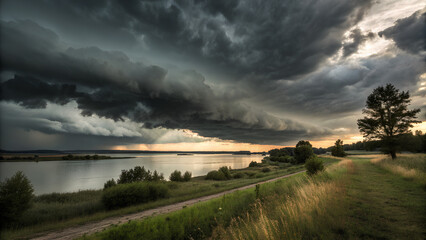 Thunderstorm shelf cloud approaching over rural river landscape

