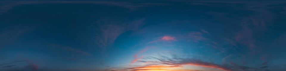 Obraz premium Dark moody twilight Sunset sky 360 panorama with bright glowing red pink Cirrus clouds. HDR 360 seamless spherical panorama. Sky dome for aerial drone panoramas. Climate and weather change