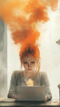 In a quiet room, a young woman sits at a desk, intensely focused on her laptop. Wisps of fiery colors swirl above her head, symbolizing her passionate thoughts.