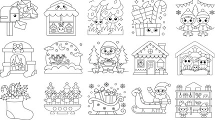 Christmas Coloring Pages with Cute Characters and Objects vector santa