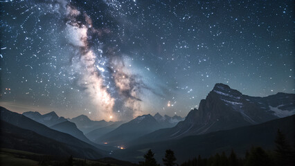 Milky Way galaxy over mountain valley at night
