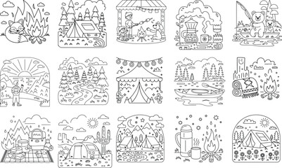 Whimsical Outline Illustrations of Camping Adventures and Nature Scenes Keywords: camping, outdoor, nature, adventure, travel, tent, campfire, fox, bear, dog, marshmallows, coffee, mountains