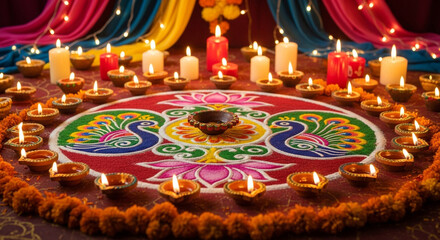 Diwali festival celebration with colorful rangoli, diyas, and marigold flower garland