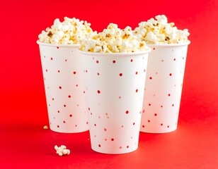 Three paper cups of popcorn on a red background