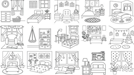 Naklejka premium Cozy and Inviting Bedroom Interiors for Coloring and Relaxation furniture