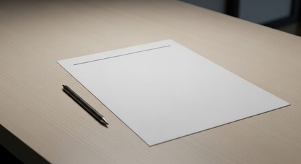 Minimalist workplace setting featuring paper sheet and pen on wooden surface