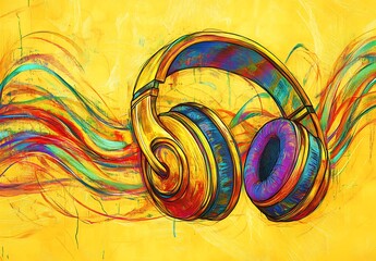 Vibrant headphones with colorful sound waves, representing the joy and energy of music and audio