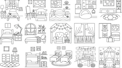 Collection of Hand Drawn Bedroom Interiors Furniture and Decorative Elements Keywords: bedroom, interior, furniture, bed, bunk bed, armchair, lamp, nightstand, dresser, wardrobe, window, curtains