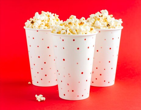 Three paper cups of popcorn on a red background
