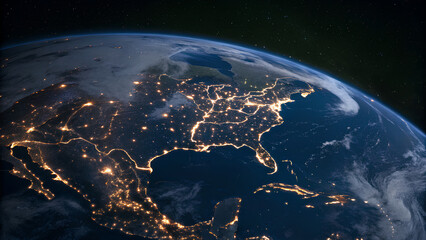 Stunning view of the United States at night from orbit, showing brightly lit cities, road networks, and Earth's curvature under stars.
