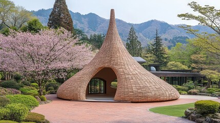 Whimsical Paper Dwelling Crafted From Delicate Materials in Serene Landscape Surrounded by Nature's Beauty and Blooming Cherry Trees