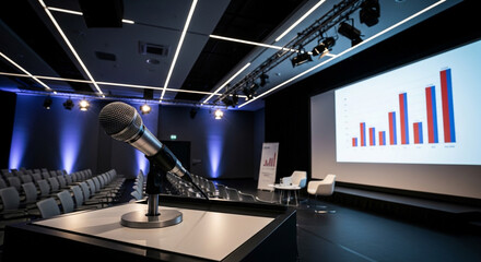 A microphone on a podium in a modern conference hall with a presentation screen