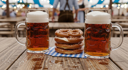 Two large mugs of beer and a stack of pretzels on a wooden table at an outdoor festival