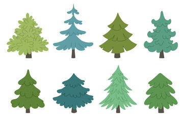 Set of evergreen fir trees. Cartoon forest spruce trees. Wildlife vector illustrations. Natural spruce forest.