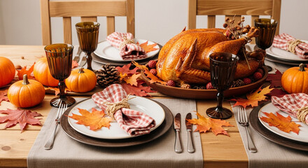 Thanksgiving dinner table setting with roasted turkey, pumpkins, and autumn leaves