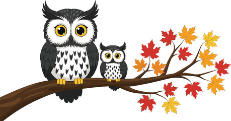 Cartoon owl parent and child illustration, autumn tree branch scene, seasonal animal character design, playful and educational concept, vector art, colorful and whimsical