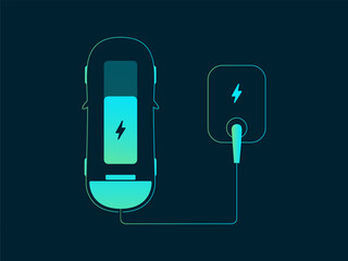 Electric Vehicle battery charging Dashboard UI with top view car outline charging battery from wall chager Blue green gradient color vector design concept. Battery charging dashboard for ui, ev car.