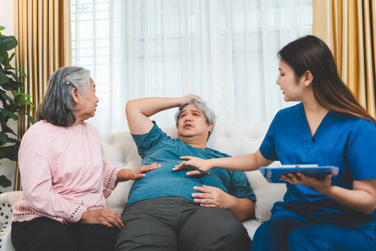 Maternal Support and Medical Assessment for an Adult Son with Health Concerns, Caregiver and Mother Discussing the Treatment Plan, Home Health Nurse Consulting with Middle Age Man and Mother
