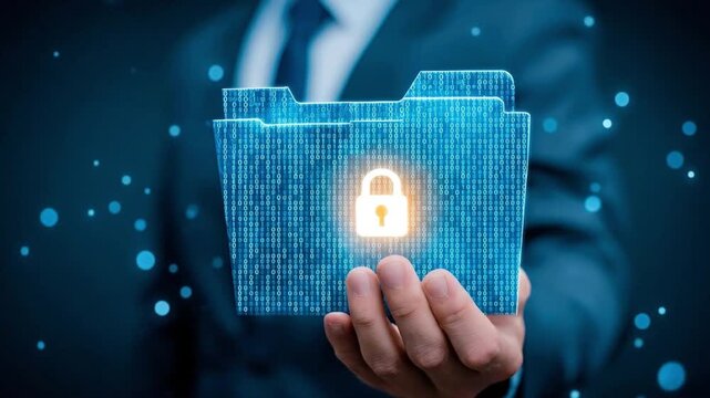 A man holding a blue binary folder icon with a glowing padlock on it