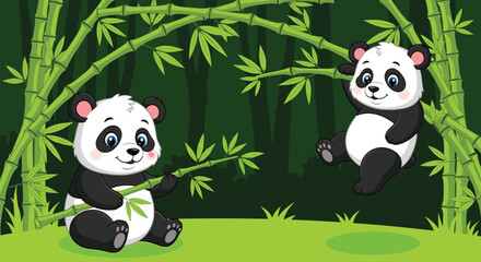 Cartoon panda illustration in bamboo forest, playful animal character set, red drink and nature scene, cheerful wildlife concept, vector design, colorful and cute