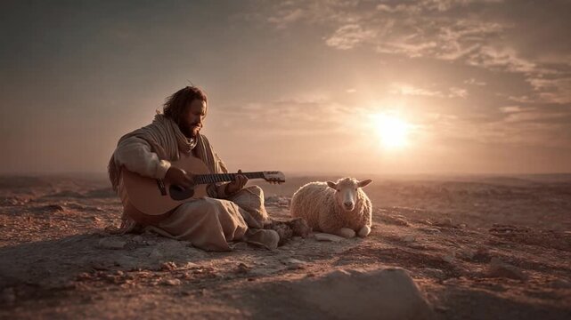 Harmony in the Desert: A solitary figure strums a guitar, accompanied by a gentle lamb, creating a moment of serenity amidst the vast desert landscape, bathed in the warm glow of the setting sun.