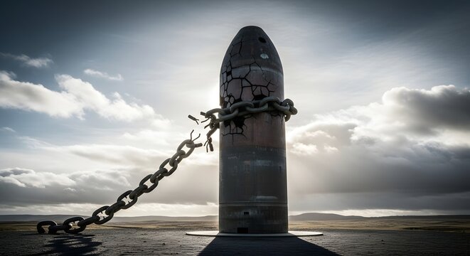 Nuclear warhead sculpture wrapped in broken chain